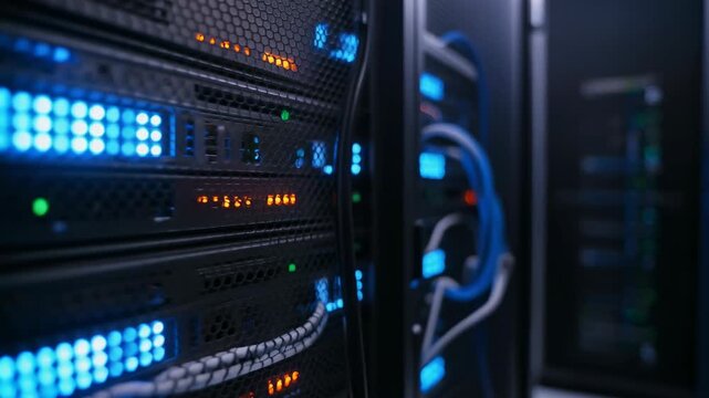 Close-up of glowing blue and orange lights on servers in a data center, highlighting advanced technology and network infrastructure