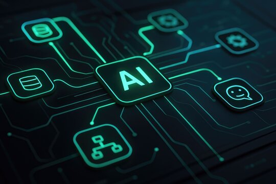 AI technology network with glowing green icons and circuit board pathways on a dark background artificial intelligence - Powered by Adobe