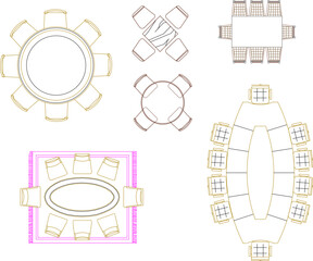 Vector sketch illustration of architectural design silhouette collection of Dining table and chairs for home interior 