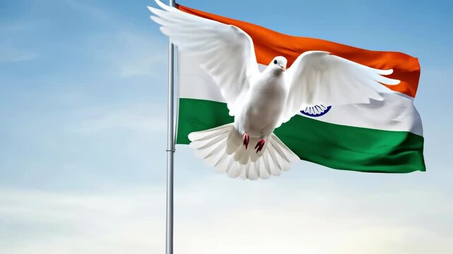 A Majestic White Dove in Flight Against the Background of the Indian National Flag Flapping in the Breeze, Symbolizing Peace and Patriotism