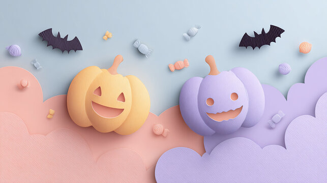 Two carved pumpkins smiling cheerfully against a backdrop of pastel colors, flanked by bats and candy, evoking a sense of joy and anticipation for the spooky season.