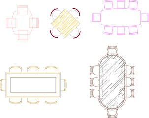 Vector sketch illustration of architectural design silhouette collection of Dining table and chairs for home interior 