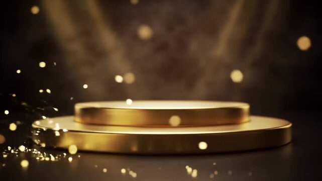 Two-tiered, gold platform on black with bokeh in the background gives a sense of opulence and celebration