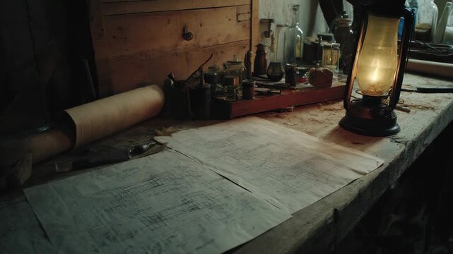 Exploration of an old workshop with blueprints and vintage tools illuminated by a lantern