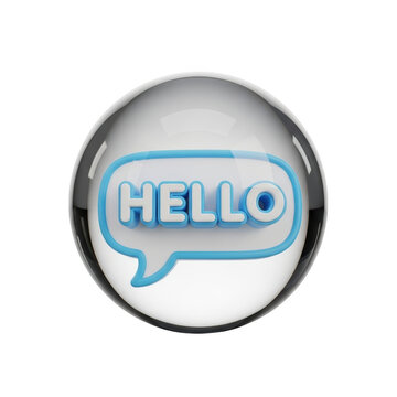 Transparent sphere containing a3D speech bubble with the word HELO communication concept