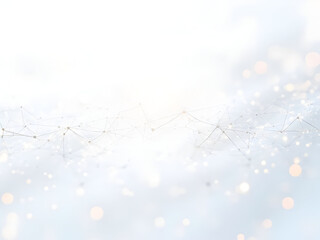 Ultra-realistic white backdrop displaying abstract digital network with iridescent dots linked by shimmering geometric plexus lines creating sophisticated mesh patterns