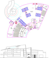 Vector sketch illustration of silhouette design of modern abstract art museum building plan and elevation 