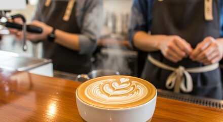 Artisan barista crafts exquisite latte art with steaming espresso machine creating a perfect morning ritual for coffee lovers