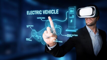 A professional exploring electric vehicle technology through virtual reality, showcasing smart battery systems and interactive graphics that highlight innovation in the automotive industry. Raster