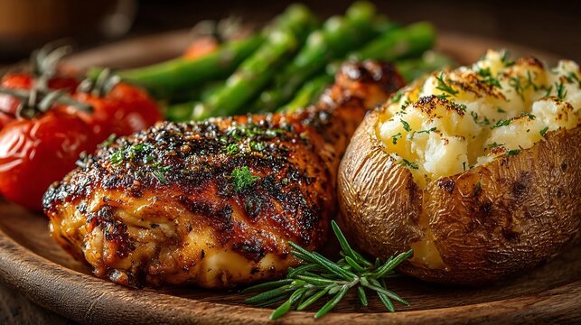 Close-up of Grilled Herb Chicken with Baked Potato and Roasted Vegetables on Wooden Plate