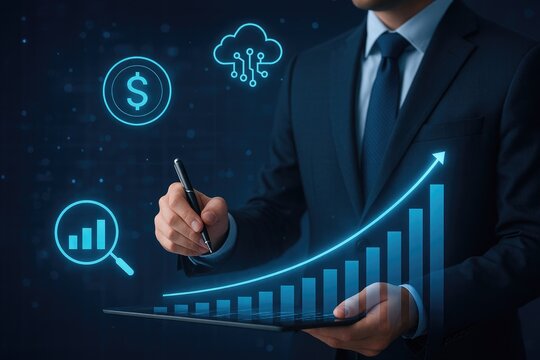Businessman analyzing financial growth chart with digital icons and tablet finance graph - Powered by Adobe