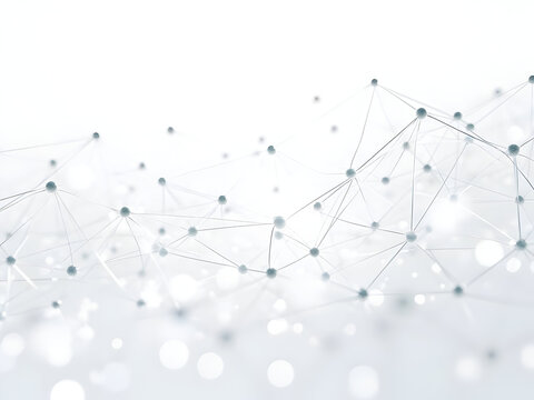 Ultra-realistic white background with abstract tech network showing crystalline connection dots and shimmering plexus lines forming intricate geometric mesh structures