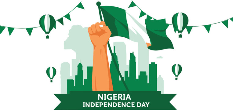 Celebrating Nigeria's Independence Day with a vibrant city skyline and celebratory balloons, perfect for patriotic events and national pride promotions - Powered by Adobe