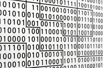 Geometric binary code pattern with black and white elements creates visually striking design. This abstract representation of data conveys sense