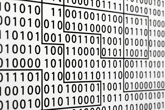 Geometric binary code pattern with black and white elements creates visually striking design. This abstract representation of data conveys sense