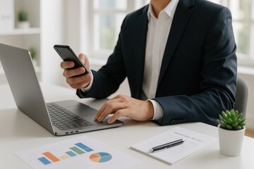 Businessman in suit using smartphone and laptop with financial reports and plant on desk office