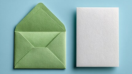 Open green envelope with blank white folded card on blue background