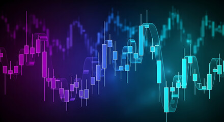 Forex trading graph with candlestick chart representing financial market trends on a futuristic blue and purple gradient background