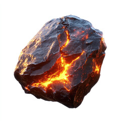Glowing meteorite rock fragment with fiery cracks isolated on white
