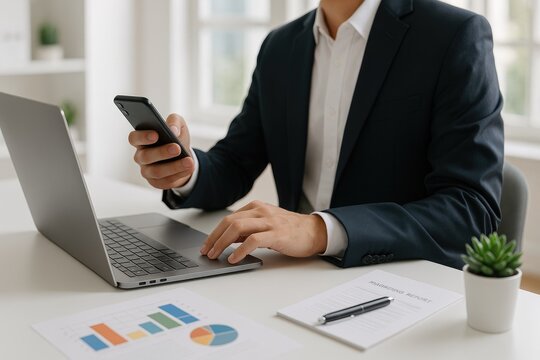 Businessman in suit using smartphone and laptop with financial reports and plant on desk office