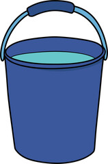 Blue cartoon bucket filled with light blue water and handle on white background pail liquid