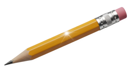A classic yellow hexagonal wooden pencil with a pink eraser and silver ferrule sharpened to a fine point isolated on transparent background