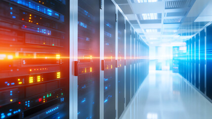 A modern data center showcasing advanced server racks and dynamic lighting, representing the future of information technology.