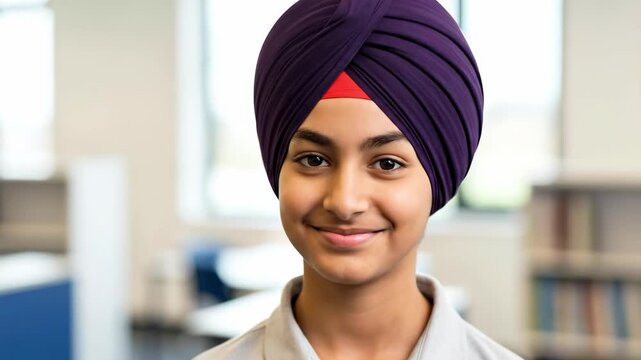 Portrait of a Young Sikh Boy Wearing a Purple Turban and Gray Polo Shirt in a Modern Classroom Setting with Natural Light