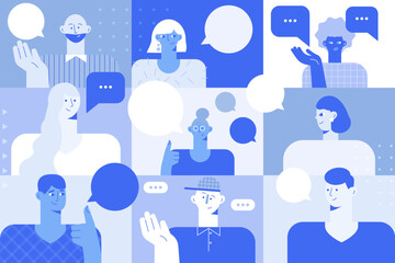 Online webinar and video conference vector illustration. Group of people  talk in a virtual meeting on a laptop screen. Team call background. Live webinar banner. Call center and communication concept