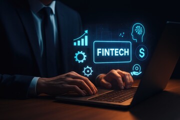 Businessman using laptop with fintech digital interface and glowing icons showing finance and technology concepts