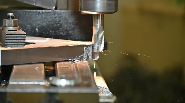 Slow motion scene plunge milling process the metal plate parts on NC milling machine by flat nose end mill tools.