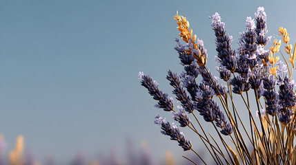 Lavender field in Provence France with a soft blue sky.