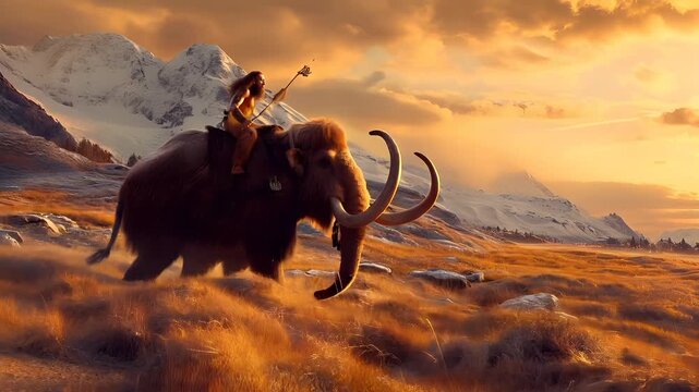A vivid portrayal of a warrior riding a mammoth in a mountainous landscape during sunset. The warrior is depicted in a dynamic pose, with one arm raised, holding a staff.