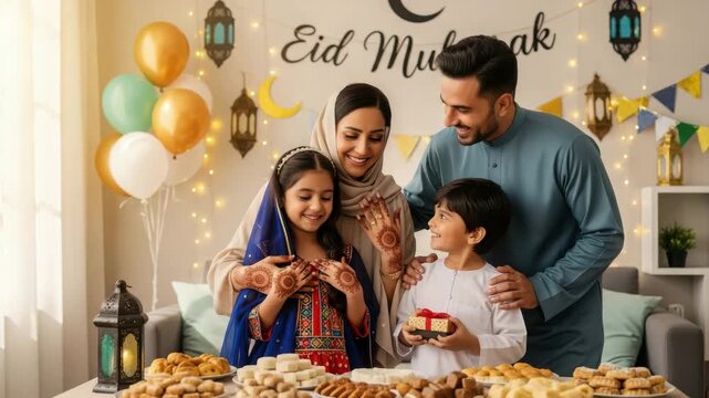 A happy muslim family celebrating eid alfitr with sweets and gifts, adorned with festive decorations