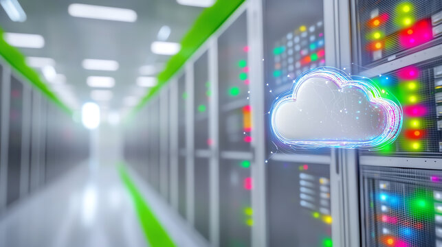 A modern server room with colorful lights, featuring a glowing cloud symbol representing cloud computing and data storage.