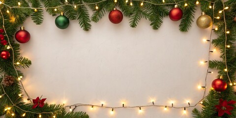 Elegant Christmas background with gold ornaments, fir branches, pine cones. and snowflakes on dark blue backdrop with copy space.