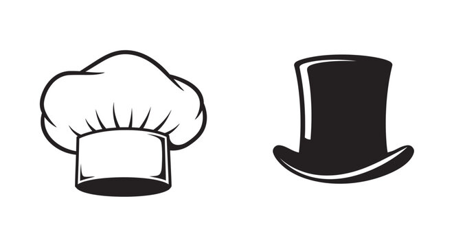 A black and white illustration featuring a chef s hat and a top hat