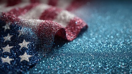 Close-up of American flag with sparkling glitter texture and soft lighting