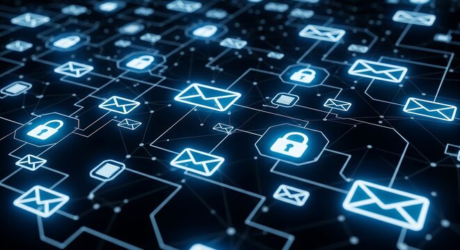 Cyber Security Network with Email Communication Encryption Technology and Data Protection System Depicted in Abstract Digital Illustration for Business and Corporate Use