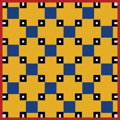 seamless geometric pattern that combines elements of a grid with small abstract details framed by a red border It uses primarycolors blue yellow red has a retro pop art and maximalist aesthetic