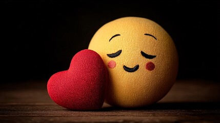 Cute emoji face hugging red heart with warm lighting on wooden surface