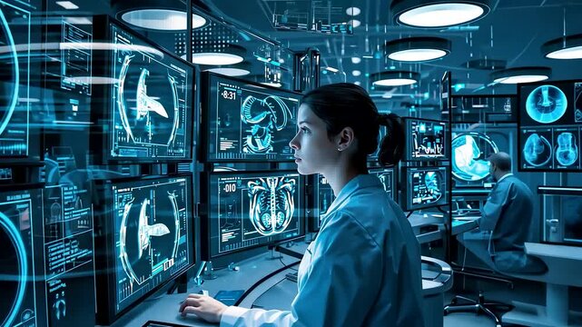 Female Doctor Analyzing Brain Scans on Multiple Holographic Screens in Advanced Medical Lab