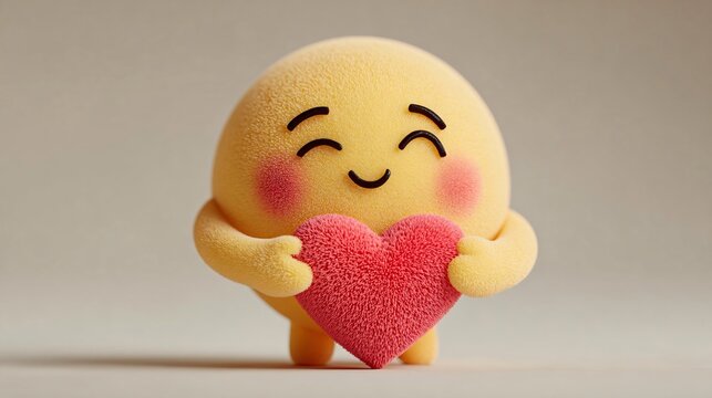 Cute yellow smiley emoji holding a textured pink heart symbol on neutral background