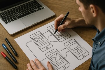 Designer sketching mobile app user flow diagrams with a pen and laptop drawing wireframe