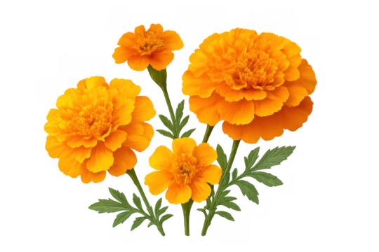 Marigold flowers blooming, showing vibrant orange petals and green leaves, transparent background cutout
