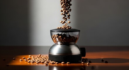 Fresh coffee beans cascade into a modern grinder, promising rich aroma and perfect brew for discerning coffee lovers seeking morning bliss and artisanal flavor.