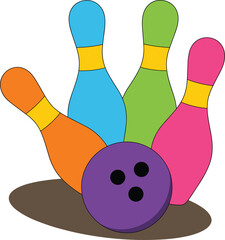 Colorful bowling pins and purple ball on white background with shadow game sport