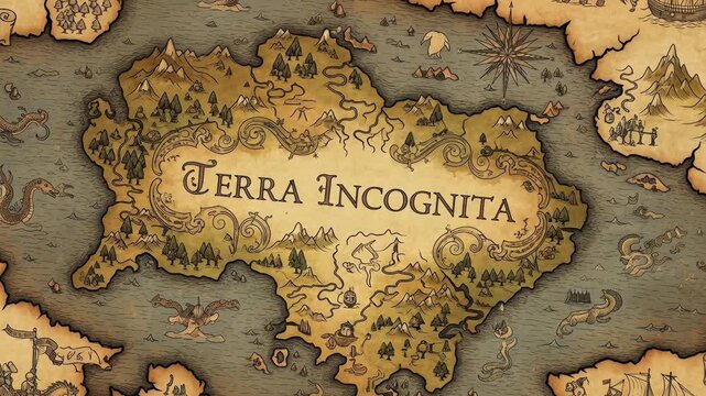 Fantasy world map of Terra Incognita with dragons and sea monsters. An ancient chart for adventure and exploration. Panning shot.