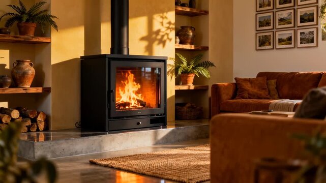 Wood-burning stove with a warm fire creates a cozy atmosphere in a rustic living room. Sustainable home heating and hygge lifestyle. Lockdown wide shot.