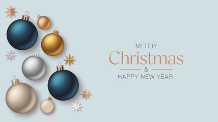Christmas and new year greeting with elegant baubles and stars.